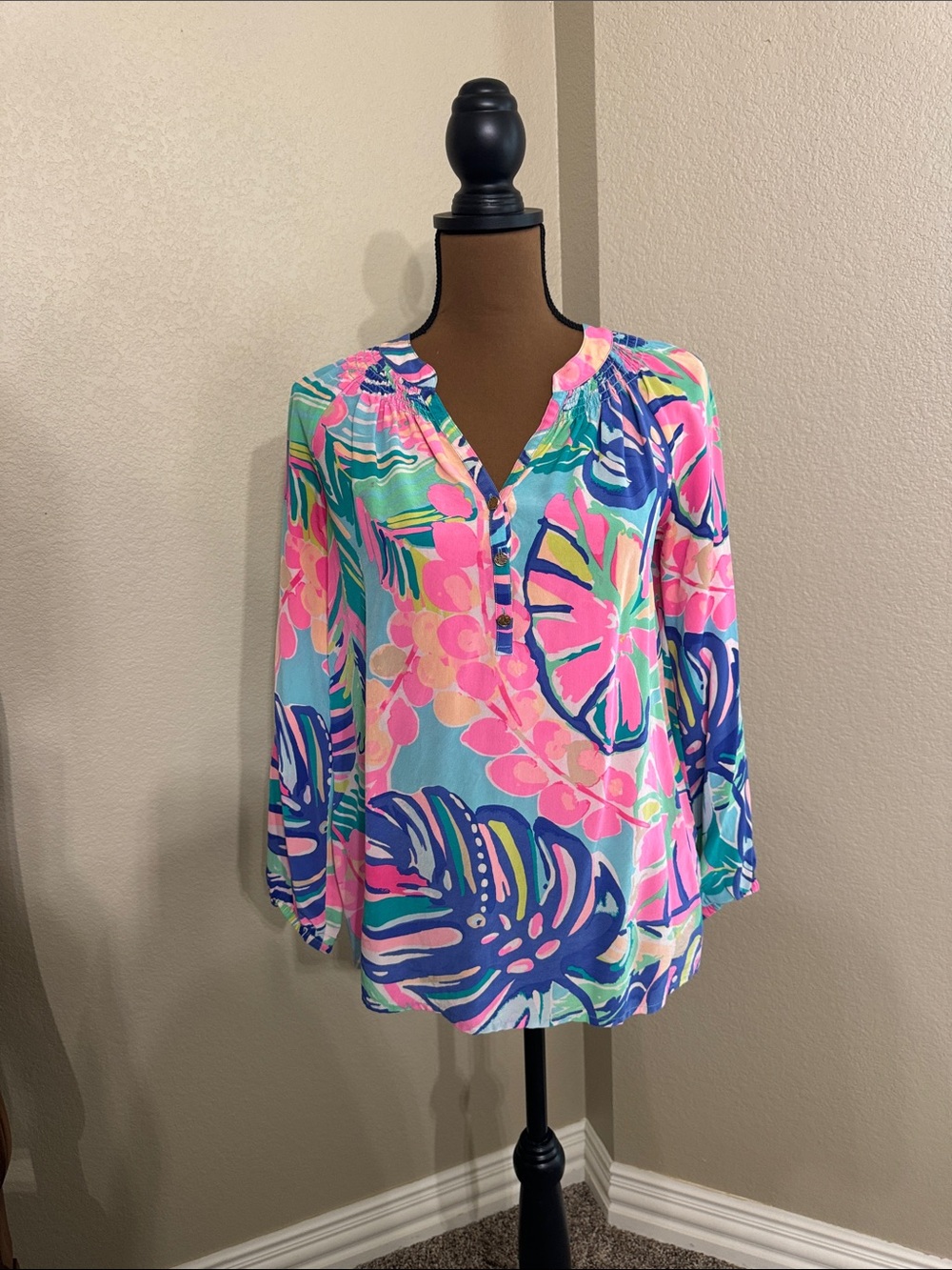 Lilly Pulitzer Tropical Print Henley Blouse — Pink, Blue & Green